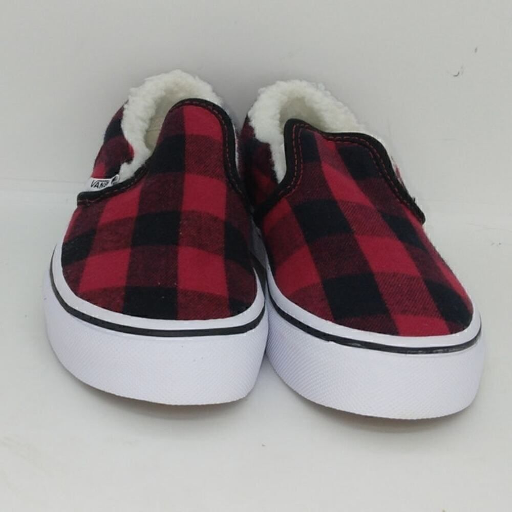 VANS Classic Slip-on Kids NEW w/Tags Red/Black Plaid Sherpa Sneakers - sz. 1 1/2 - Picture 2 of 6